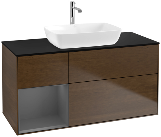 V&B Waschtisch-Unterschrank Finion 120cm, Abdeckplatte black matt, Regal Anthracite matt lacquer, Walnut veneer