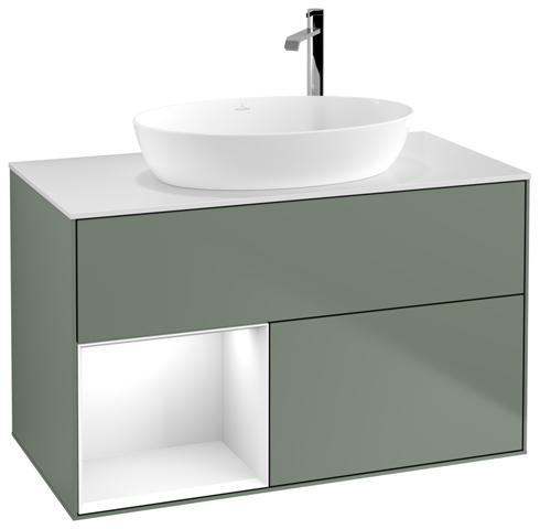 V&B Waschtisch-Unterschrank Finion 100cm, Abdeckplatte white matt, Regal Glossy white lacquer, Olive Matt Lacquer