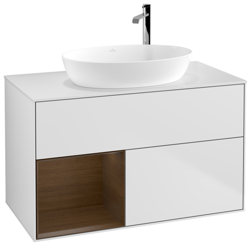 V&B Waschtisch-Unterschrank Finion 100cm, Abdeckplatte white matt, Regal Walnut Veneer, White matt lacquer