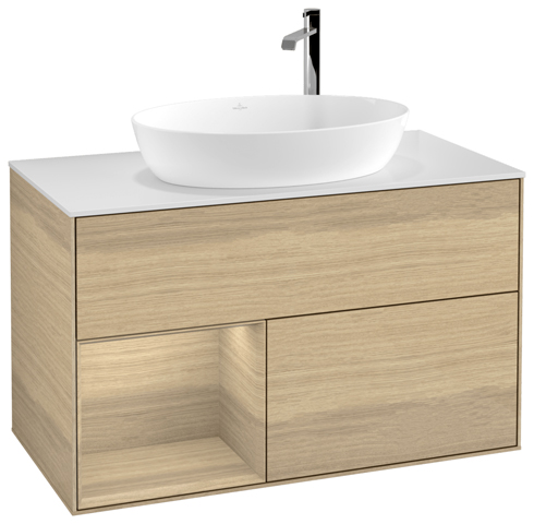 V&B Waschtisch-Unterschrank Finion 100cm, Abdeckplatte white matt, Regal Oak Veneer, Oak Veneer