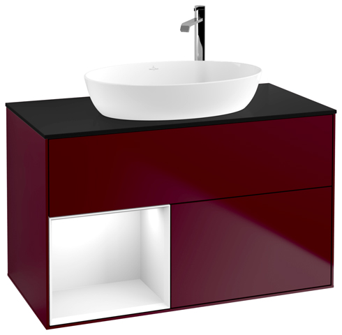 V&B Waschtisch-Unterschrank Finion 100cm, Abdeckplatte black matt, Regal Glossy white lacquer, Peony Matt