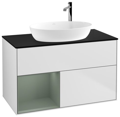 V&B Waschtisch-Unterschrank Finion 100cm, Abdeckplatte black matt, Regal Olive matt lacquer, White matt lacquer