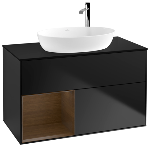 V&B Waschtisch-Unterschrank Finion 100cm, Abdeckplatte black matt, Regal Walnut Veneer, Black matt lacquer