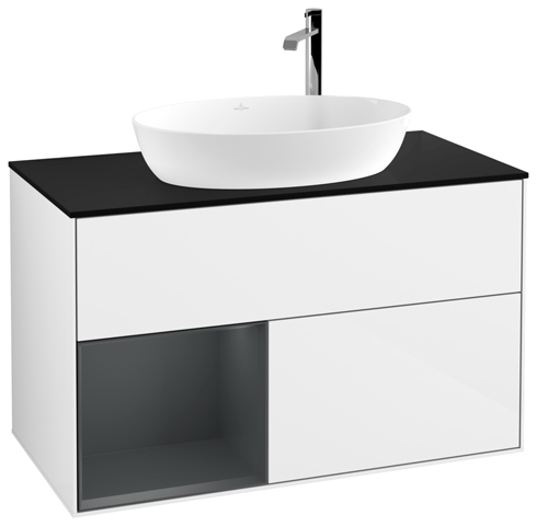 V&B Waschtisch-Unterschrank Finion 100cm, Abdeckplatte black matt, Regal Midnight matt lacquer, Glossy white lacquer