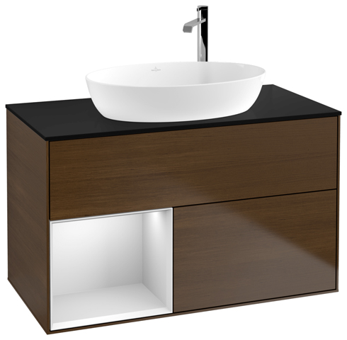 V&B Waschtisch-Unterschrank Finion 100cm, Abdeckplatte black matt, Regal White matt lacquer, Walnut veneer