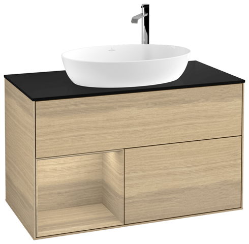 V&B Waschtisch-Unterschrank Finion 100cm, Abdeckplatte black matt, Regal Oak Veneer, Oak Veneer