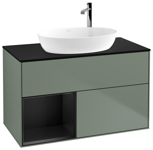 V&B Waschtisch-Unterschrank Finion 100cm, Abdeckplatte black matt, Regal Black matt lacquer, Olive Matt Lacquer