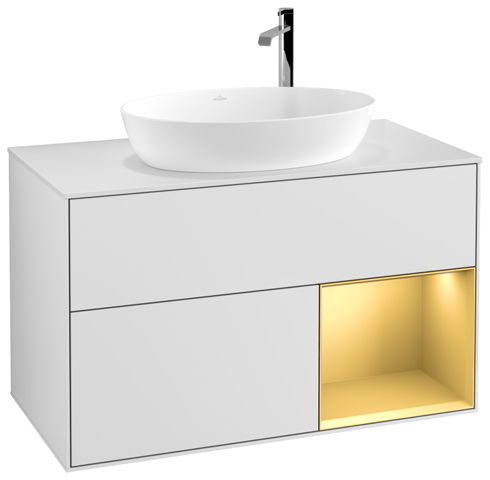 V&B Waschtisch-Unterschrank Finion 100cm, Abdeckplatte white matt, Regal Gold matt lacquer, White matt lacquer