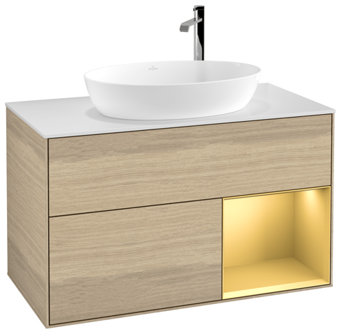 V&B Waschtisch-Unterschrank Finion 100cm, Abdeckplatte white matt, Regal Gold matt lacquer, Oak Veneer