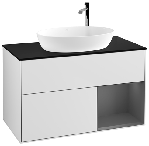 V&B Waschtisch-Unterschrank Finion 100cm, Abdeckplatte black matt, Regal Anthracite matt lacquer, White matt lacquer