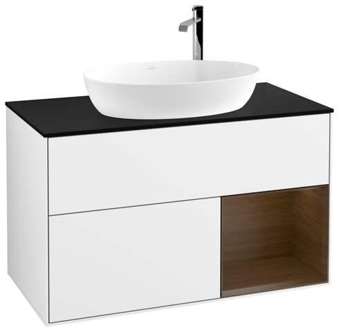 V&B Waschtisch-Unterschrank Finion 100cm, Abdeckplatte black matt, Regal Walnut Veneer, Glossy white lacquer