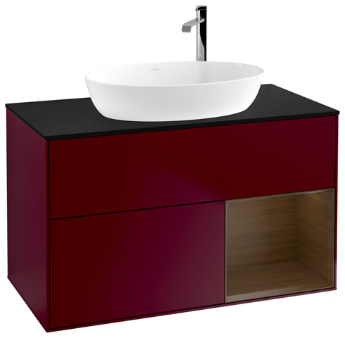 V&B Waschtisch-Unterschrank Finion 100cm, Abdeckplatte black matt, Regal Walnut Veneer, Peony Matt