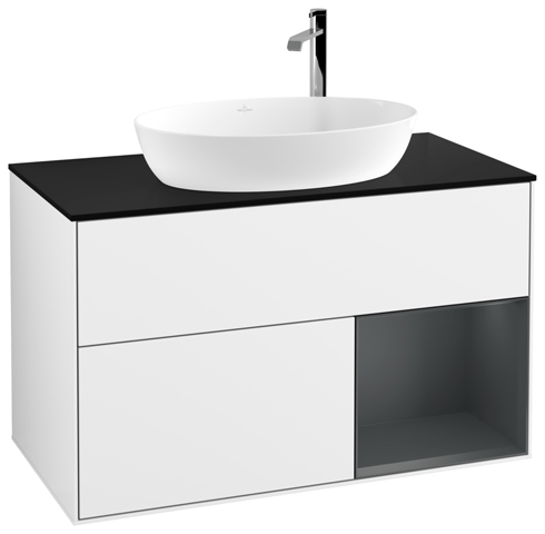 V&B Waschtisch-Unterschrank Finion 100cm, Abdeckplatte black matt, Regal Midnight matt lacquer, Glossy white lacquer