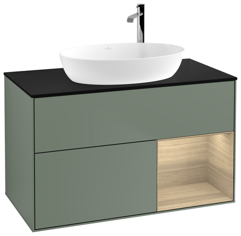 V&B Waschtisch-Unterschrank Finion 100cm, Abdeckplatte black matt, Regal Oak Veneer, Olive Matt Lacquer