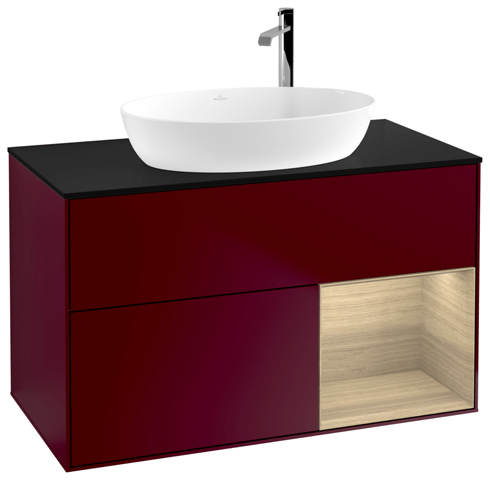 V&B Waschtisch-Unterschrank Finion 100cm, Abdeckplatte black matt, Regal Oak Veneer, Peony Matt