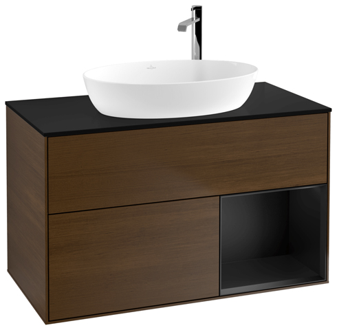 V&B Waschtisch-Unterschrank Finion 100cm, Abdeckplatte black matt, Regal Black matt lacquer, Walnut veneer