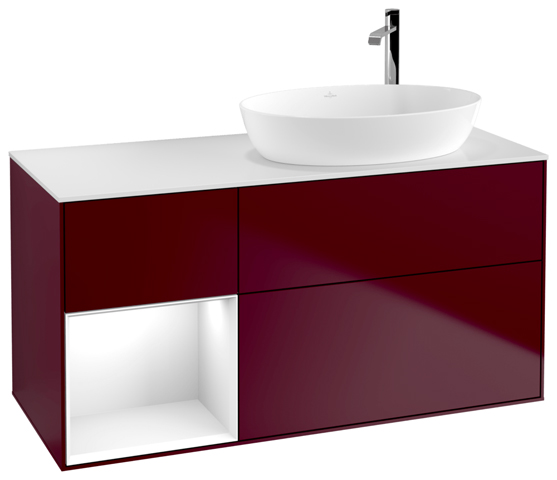 V&B Waschtisch-Unterschrank Wandbeleuchtung Finion 120cm, Abdeckplatte white matt, Regal Glossy white lacquer, Peony Matt