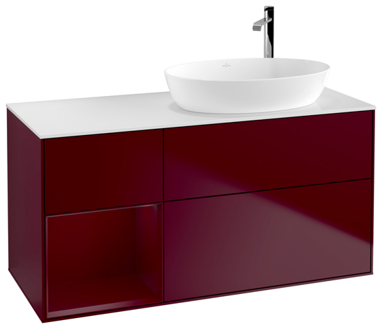 V&B Waschtisch-Unterschrank Wandbeleuchtung Finion 120cm, Abdeckplatte white matt, Regal Peony matt lacquer, Peony Matt