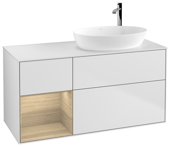 V&B Waschtisch-Unterschrank Wandbeleuchtung Finion 120cm, Abdeckplatte white matt, Regal Oak Veneer, White matt lacquer