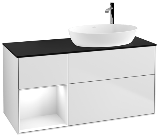 V&B Waschtisch-Unterschrank Finion 120cm, Abdeckplatte black matt, Regal Glossy white lacquer, White matt lacquer