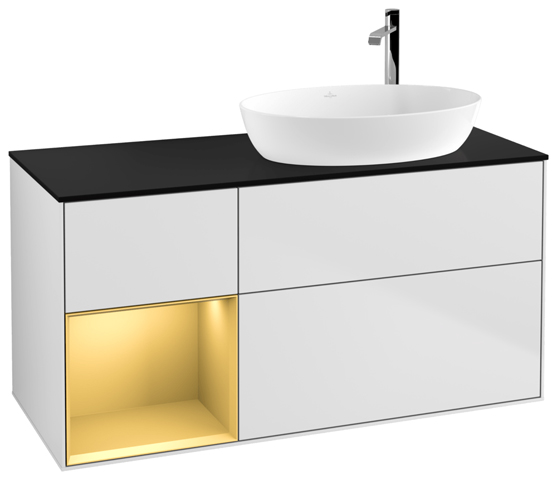 V&B Waschtisch-Unterschrank Finion 120cm, Abdeckplatte black matt, Regal Gold matt lacquer, White matt lacquer