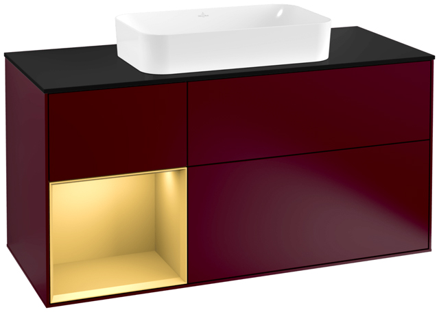 V&B Waschtisch-Unterschrank Wandbeleuchtung Finion 120cm, Abdeckplatte black matt, Regal links Gold matt, Peony Matt
