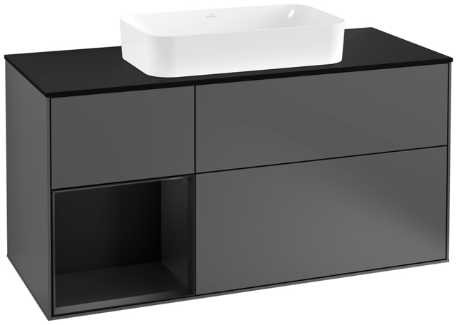 V&B Waschtisch-Unterschrank Wandbeleuchtung Finion 120cm, Abdeckplatte black matt, Regal links Black matt lacquer, Anthracite matt