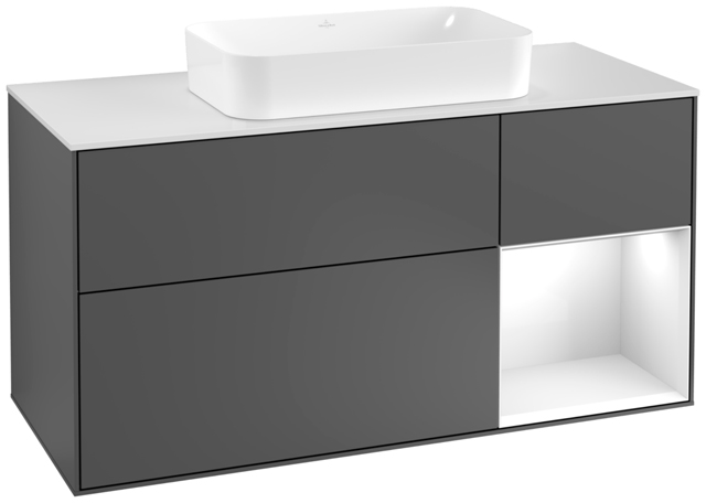 V&B Waschtisch-Unterschrank Wandbeleuchtung Finion 120cm, Abdeckplatte white matt, Regal rechts Glossy white lacquer, Anthracite matt