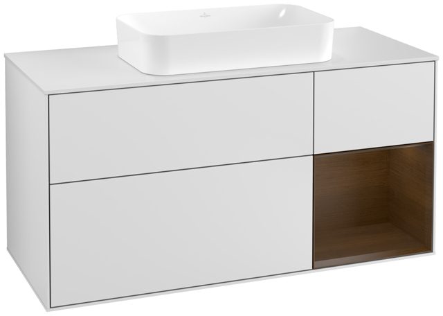 V&B Waschtisch-Unterschrank Wandbeleuchtung Finion 120cm, Abdeckplatte white matt, Regal rechts Walnut veneer, White matt lacquer