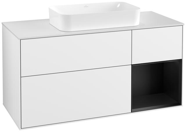V&B Waschtisch-Unterschrank Wandbeleuchtung Finion 120cm, Abdeckplatte white matt, Regal rechts Black matt lacquer, Glossy white lacquer