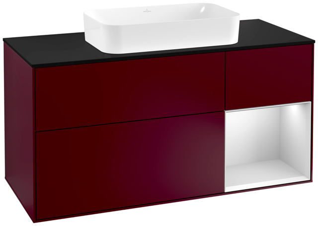 V&B Waschtisch-Unterschrank Wandbeleuchtung Finion 120cm, Abdeckplatte black matt, Regal rechts White matt lacquer, Peony Matt