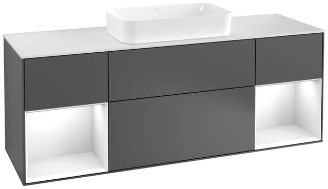 V&B Waschtisch-Unterschrank Wandbeleuchtung Finion 160cm, Abdeckplatte white matt, Regal Glossy white lacquer, Anthracite matt