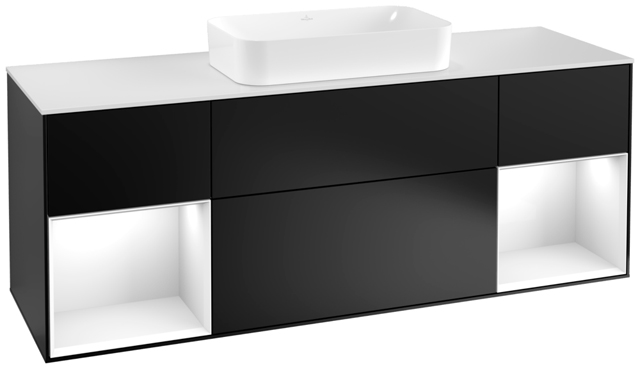 V&B Waschtisch-Unterschrank Wandbeleuchtung Finion 160cm, Abdeckplatte white matt, Regal Glossy white lacquer, Black matt lacquer