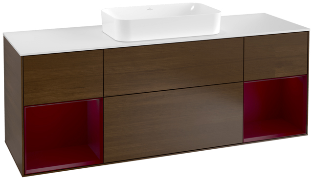 V&B Waschtisch-Unterschrank Wandbeleuchtung Finion 160cm, Abdeckplatte white matt, Regal Peony matt lacquer, Walnut veneer