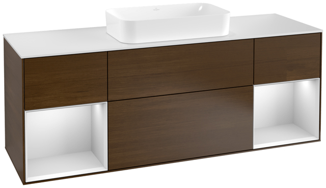 V&B Waschtisch-Unterschrank Wandbeleuchtung Finion 160cm, Abdeckplatte white matt, Regal White matt lacquer, Walnut veneer