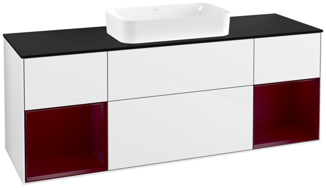 V&B Waschtisch-Unterschrank Wandbeleuchtung Finion 160cm, Abdeckplatte black matt, Regal Peony matt lacquer, Glossy white lacquer
