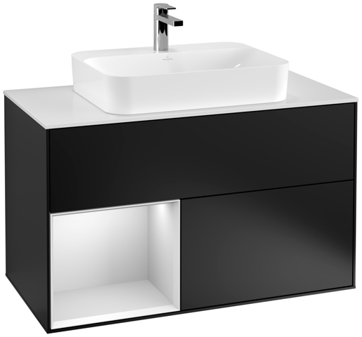 V&B Waschtisch-Unterschrank Wandbeleuchtung Finion 100cm, Abdeckplatte white matt, Regal links White matt lacquer, Black matt lacquer
