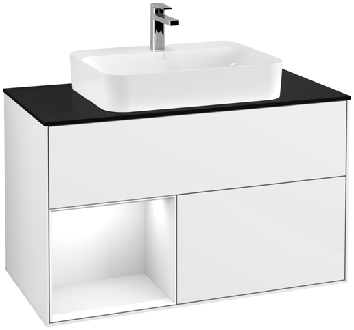 V&B Waschtisch-Unterschrank Wandbeleuchtung Finion 100cm, Abdeckplatte black matt, Regal links Glossy white lacquer, Glossy white lacquer