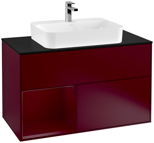 V&B Waschtisch-Unterschrank Wandbeleuchtung Finion 100cm, Abdeckplatte black matt, Regal links Peony, Peony Matt