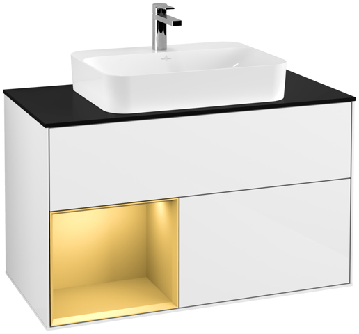 V&B Waschtisch-Unterschrank Wandbeleuchtung Finion 100cm, Abdeckplatte black matt, Regal links Gold matt, Glossy white lacquer