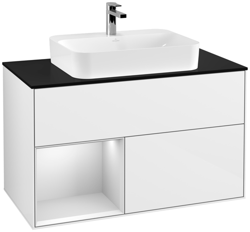 V&B Waschtisch-Unterschrank Wandbeleuchtung Finion 100cm, Abdeckplatte black matt, Regal links White matt lacquer, Glossy white lacquer