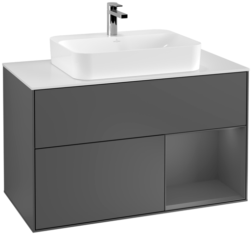 V&B Waschtisch-Unterschrank Wandbeleuchtung Finion 100cm, Abdeckplatte white matt, Regal rechts Anthracite matt, Anthracite matt