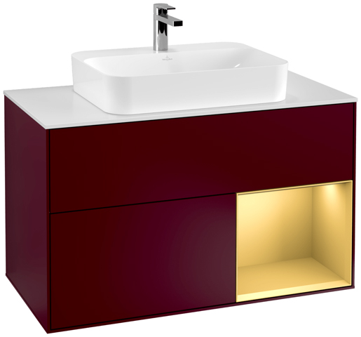 V&B Waschtisch-Unterschrank Wandbeleuchtung Finion 100cm, Abdeckplatte white matt, Regal rechts Gold matt, Peony Matt