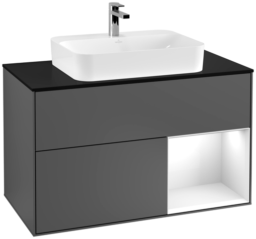 V&B Waschtisch-Unterschrank Wandbeleuchtung Finion 100cm, Abdeckplatte black matt, Regal rechts Glossy white lacquer, Anthracite matt