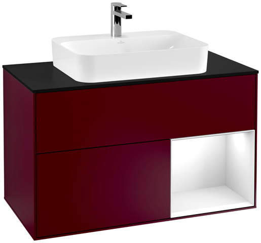 V&B Waschtisch-Unterschrank Wandbeleuchtung Finion 100cm, Abdeckplatte black matt, Regal rechts Glossy white lacquer, Peony Matt