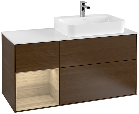 V&B Waschtisch-Unterschrank Wandbeleuchtung Finion 120cm, Abdeckplatte white matt, Regal links Oak Veneer, Walnut veneer