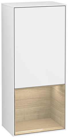 V&B Seitenschrank Wandbeleuchtung Finion 41,8cm, links, Regal unten Oak Veneer, Glossy white lacquer