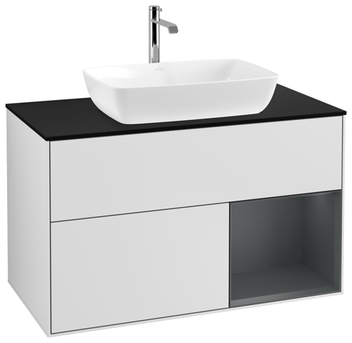 V&B Waschtisch-Unterschrank Wandbeleuchtung Finion 100cm, Abdeckplatte black matt, Regal Midnight matt lacquer, White matt lacquer