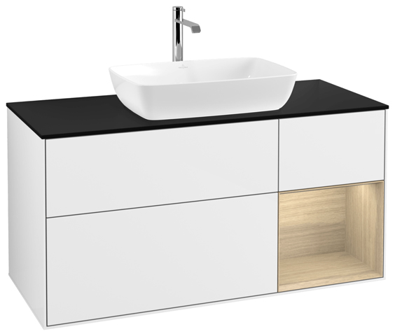 V&B Waschtisch-Unterschrank Wandbeleuchtung Finion 120cm, Abdeckplatte black matt, Regal Oak Veneer, Glossy white lacquer