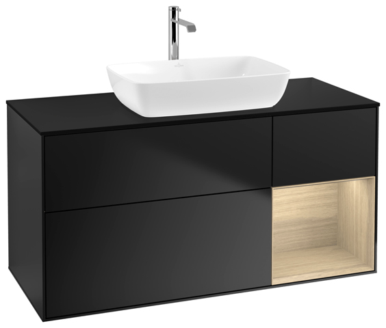 V&B Waschtisch-Unterschrank Wandbeleuchtung Finion 120cm, Abdeckplatte black matt, Regal Oak Veneer, Black matt lacquer